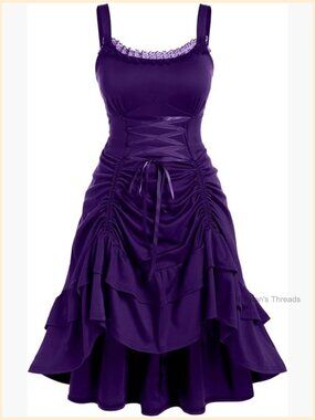 Plus Size Gothic Lace Trim Lace-up Ruched High Low Midi Dress